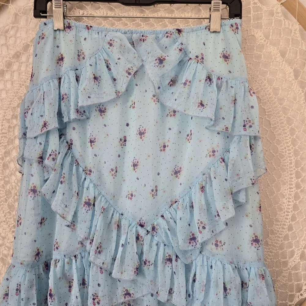 Urban Outfitters Boho Fairycore Blue Ditsy Floral Ruffle Asymmetrical Midi Skirt